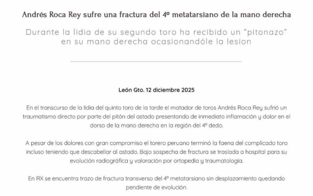 Avanza auspicioso proceso de recuperación de Roca Rey. Sufrió una «fractura transversal del cuarto metacarpiano» en la corrida en León