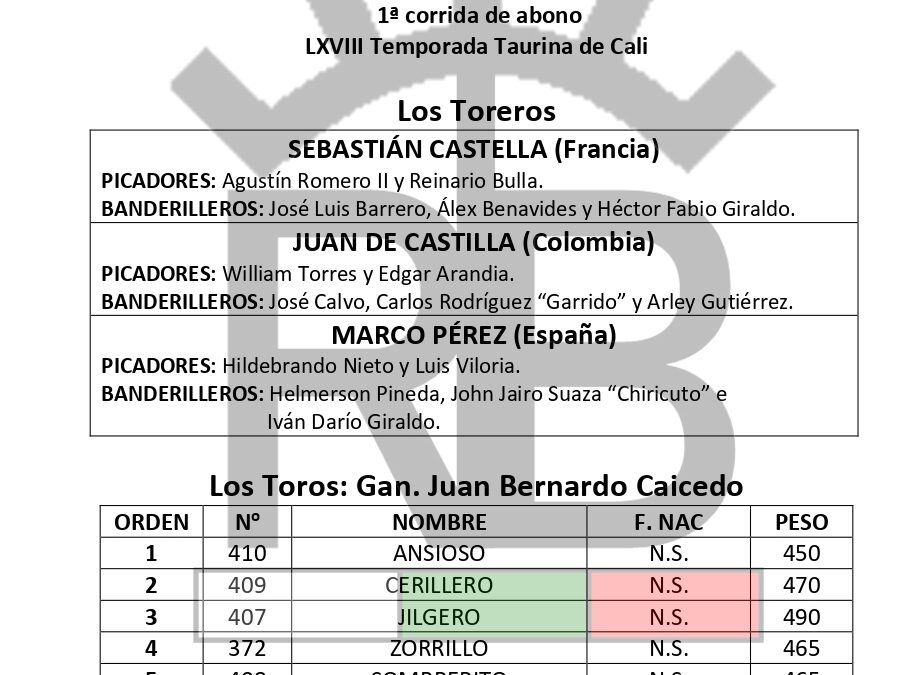 «Ansioso» de Juan Bernardo Caicedo abre la feria de Cali 2026. Le corresponde a Sebastián Castella